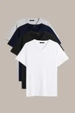 Erkek Çok Renkli T- Shirt Regular Fit Rahat Kesim V Yaka 4'lü Basic Tişört Paketi
