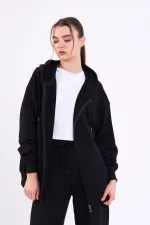 Black Kangaroo Pocket Hooded Zippered Oversize Women's Sweatshirt MTLCB73