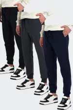 Erkek Siyah-Lacivert-Antrasit Arka Cep Etiket Detaylı Paça Lastikli Regular Fit 3'Lü Eşofman Altı  MTLCEO09-3