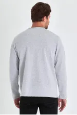 Men's Grey Double Crew Neck Sweatshirt with Print Detail, Standard Relaxed Fit