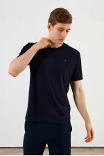 T-shirt homme à col rond, 100 % coton, détails brodés, bleu marine basique MTLCE89