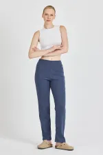 Pantalon de survêtement femme en coton côtelé indigo, jambes larges, coupe slim, taille haute