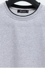 Men's Grey Double Crew Neck Sweatshirt with Print Detail, Standard Relaxed Fit