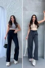 Siyah-Antrasit Kadın Mevsimlik Salaş Geniş Paça Yüksek Bel 2'li Eşofman Altı