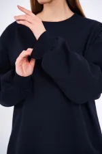 Lacivert Kadın Pamuklu Oversize Basic Bisiklet Yaka Sweatshirt