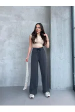 Siyah-Antrasit Kadın Mevsimlik Salaş Geniş Paça Yüksek Bel 2'li Eşofman Altı