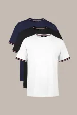 Erkek Basic Kolları Şeritli %100 Pamuk Bisiklet Yaka Regular Fit 3'Lü T-shirt