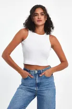 Kadın Siyah-Beyaz Fitilli Görünümlü Askılı Kalın Esnek Örme 2'li Basic Crop Atlet