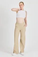 Bej Fitilli Geniş Paça Kaşkorse Yüksek Bel Cepli Kadın Eşofman Altı