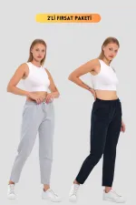 2'li Kadın Lacivert Klasik Cepli Eşofman Altı