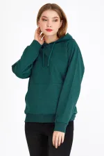 Women's Green Hooded Basic Knitted Sweatshirt
