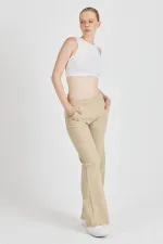 Bej Fitilli Geniş Paça Kaşkorse Yüksek Bel Cepli Kadın Eşofman Altı