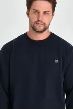 Men's Navy Blue Double Crew Neck Sweatshirt with Print Detail, Standard Relaxed Fit