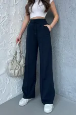 Women's Seasonal Casual Wide Leg High Waist Navy Blue Sweatpants
