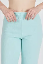 Aqua Green Ribbed Wide Leg Cotton Slim High Waist Women's Sweatpants