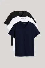 Erkek Çok Renkli T- Shirt Regular Fit Rahat Kesim V Yaka 3'lü Basic Tişört Paketi