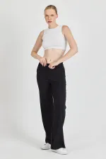 Siyah Fitilli Geniş Paça Kaşkorse Yüksek Bel Cepli Kadın Eşofman Altı