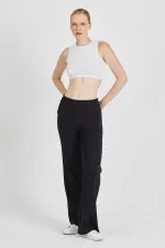 Siyah Fitilli Geniş Paça Kaşkorse Yüksek Bel Cepli Kadın Eşofman Altı