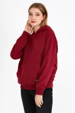 Metalic Kadın Bordo Kapüşonlu Basic Örme Sweatshirt