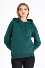 Women's Green Hooded Basic Knitted Sweatshirt