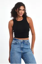 Kadın Siyah Fitilli Görünümlü Askılı Kalın Basic Atlet Bluz