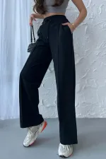 Kadın Mevsimlik Salaş Geniş Paça Yüksek Bel Siyah Eşofman Altı