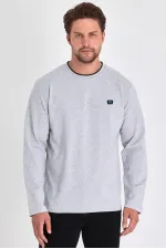 Men's Grey Double Crew Neck Sweatshirt with Print Detail, Standard Relaxed Fit