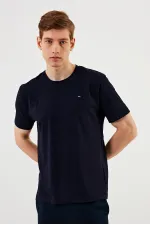 T-shirt homme à col rond, 100 % coton, détails brodés, bleu marine basique MTLCE89