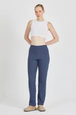 Pantalon de survêtement femme en coton côtelé indigo, jambes larges, coupe slim, taille haute
