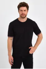 Erkek Siyah Basic Kolları Şeritli %100 Pamuk Bisiklet Yaka Regular Fit T-shirt
