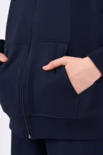 Lacivert Kanguru Cepli Kapüşonlu Fermuarlı Oversize Kadın Sweatshirt