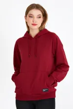 Metalic Kadın Bordo Kapüşonlu Basic Örme Sweatshirt