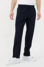 Men's Black and Navy Blue Sweatpants with Two Zipper Pockets, Embroidered Detail, Straight Leg, and Relaxed Fit.