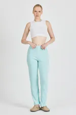 Aqua Green Ribbed Wide Leg Cotton Slim High Waist Women's Sweatpants