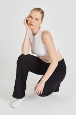 Siyah Fitilli Geniş Paça Kaşkorse Yüksek Bel Cepli Kadın Eşofman Altı