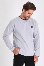 Men's Grey Double Crew Neck Sweatshirt with Print Detail, Standard Relaxed Fit