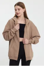 Kadın Kanguru Cepli Kapüşonlu Fermuarlı İçi Polarlı Hırka