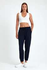 Lacivert Pamuklu Paçası Lastikli Rahat Kalın Jogger Cepli Kadın Eşofman Altı