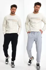 Erkek Siyah-Gri Arka Cep Etiket Detaylı Paça Lastikli Regular Fit 2'Li Eşofman Altı