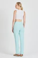 Aqua Green Ribbed Wide Leg Cotton Slim High Waist Women's Sweatpants