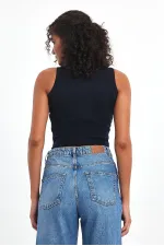 Kadın Siyah-Beyaz Fitilli Görünümlü Askılı Kalın Esnek Örme 2'li Basic Crop Atlet