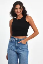 Kadın Siyah-Beyaz-Gri-Lacivert Fitilli Görünümlü Askılı Kalın Esnek Örme 4'lü Basic Crop Atlet