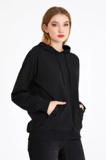 Women's Black Hooded Basic Knitted Sweatshirt