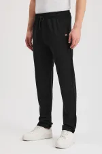 Black Men's Zip-Up Pocket Sweatpants with Embroidered Detail, Straight Leg, Relaxed Fit, Casual Style