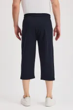 Men's Navy Blue Bermuda Knee-Length Capri Shorts with Side Pockets and Adjustable Elastic Waistband MTLCE108