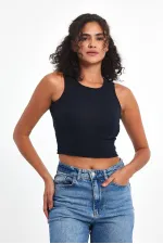 Kadın Siyah-Beyaz-Gri-Lacivert Fitilli Görünümlü Askılı Kalın Esnek Örme 4'lü Basic Crop Atlet