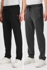 Black-Anthracite Men's Zippered Pocket Embroidery Detailed Straight Leg Relaxed Cut Daily 2-Pack Sweatpants MTLCE107