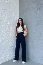 Women's Seasonal Casual Wide Leg High Waist Navy Blue Sweatpants