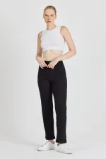 Siyah Fitilli Geniş Paça Pamuklu İnce Yüksek Bel Kadın Eşofman Altı
