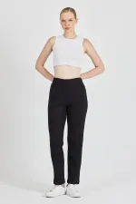 Siyah Fitilli Geniş Paça Pamuklu İnce Yüksek Bel Kadın Eşofman Altı